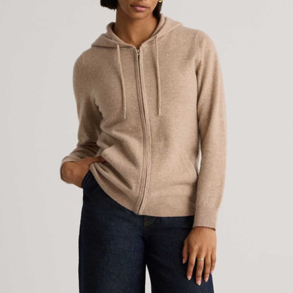 NWT Quince Mongolian Cashmere Full-Zip Hoodie Womens S Oatmeal - Picture 3 of 7